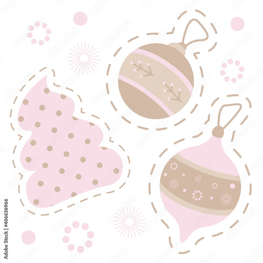 Pastel colors, vector set for kid. Pink polka dots, beige hearts, wings, New Year's toys on a white background. Simple print for little girls: fabric, wrapping paper, notepad, background, cover etc.