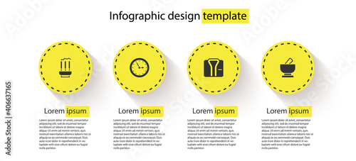 Set Incense sticks, Sauna clock, Bathrobe and Mortar and pestle. Business infographic template. Vector.
