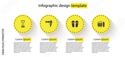 Set Sauna hourglass, Hair dryer, Flip flops and Cream or lotion cosmetic tube. Business infographic template. Vector.