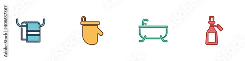 Set Towel on a hanger, Sauna mittens, Bathtub and Essential oil bottle icon. Vector.