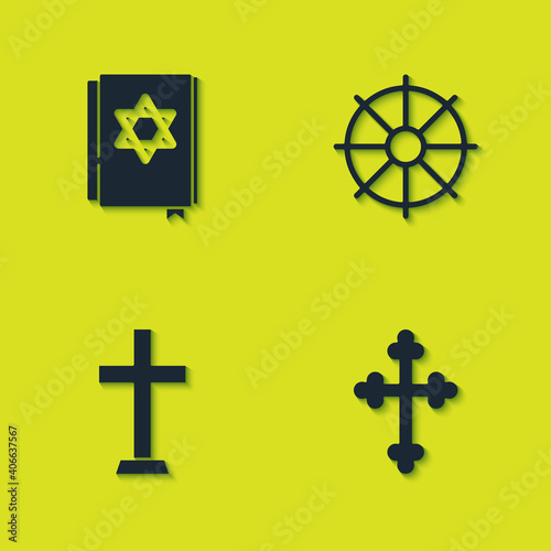 Set Jewish torah book, Christian cross, and Dharma wheel icon. Vector.