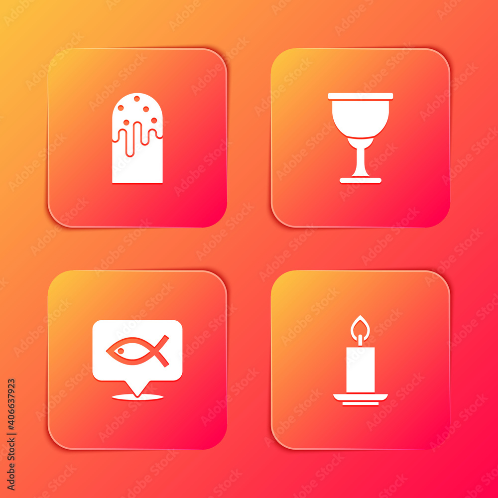 Set Easter cake, Holy grail or chalice, Christian fish and Burning candle icon. Vector. Set Easter cake, Holy grail or chalice, Christian fish and Burning candle icon. Vector.