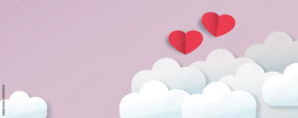Red hearts paper cut romantic concept in pastel sky pastel background. Valentine's Day greeting card concept.