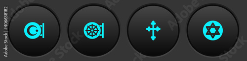 Set Star and crescent, Dharma wheel, Christian cross and of David icon. Vector.