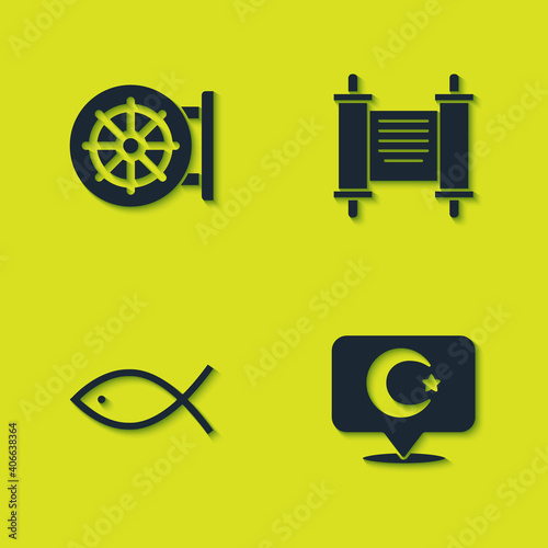 Set Dharma wheel, Star and crescent, Christian fish and Decree, paper, parchment, scroll icon. Vector.