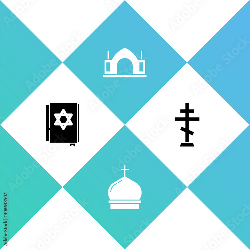 Set Jewish torah book, Church tower, Hindu spiritual temple and Christian cross icon. Vector.