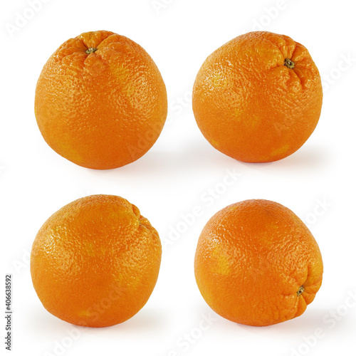 Set of images of oranges on a white background. Full depth of field. With clipping path