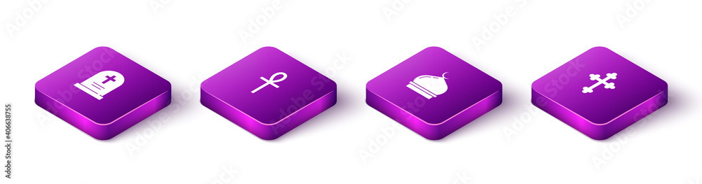 Set Isometric Tombstone with cross, Cross ankh, Muslim Mosque and Christian icon. Vector. Set Isometric Tombstone with cross, Cross ankh, Muslim Mosque and Christian icon. Vector.
