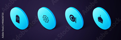 Set Isometric Church tower, Star and crescent, Dharma wheel and Easter cake icon. Vector.