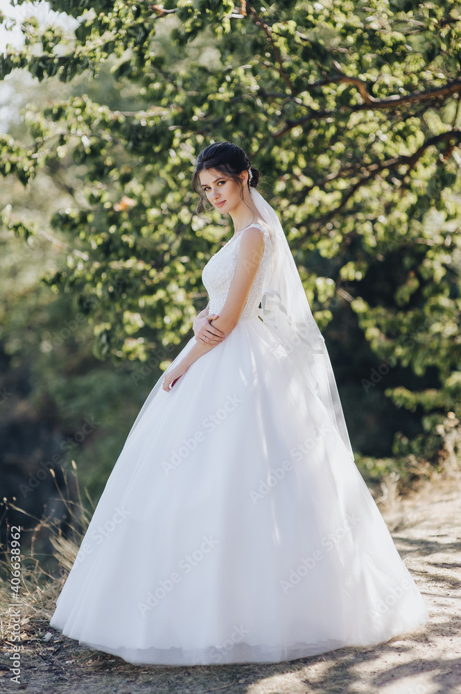 Wedding portrait of a beautiful brunette bride with curly hair in a white dress in nature, against the background of a tree in greenery. Wedding portrait of a beautiful brunette bride with curly hair in a white dress in nature, against the background of a tree in greenery.