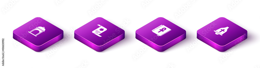 Set Isometric Muslim Mosque, Torah scroll, Cross ankh book and Church bell icon. Vector. Set Isometric Muslim Mosque, Torah scroll, Cross ankh book and Church bell icon. Vector.