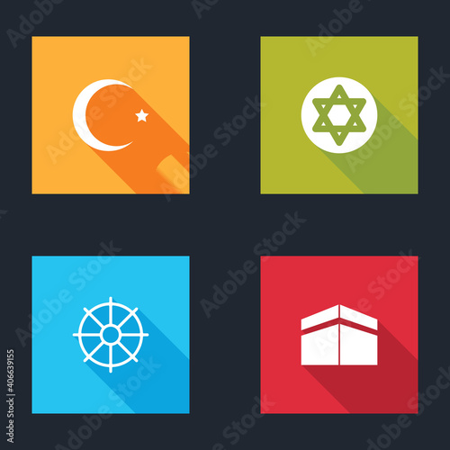 Set Star and crescent, of David, Dharma wheel and Kaaba mosque icon. Vector.