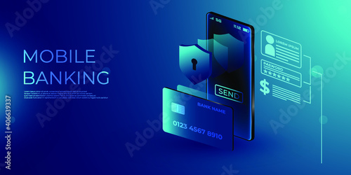 Concepts mobile payments  personal data protection. Header for website with smartphone and Bank card on blue background