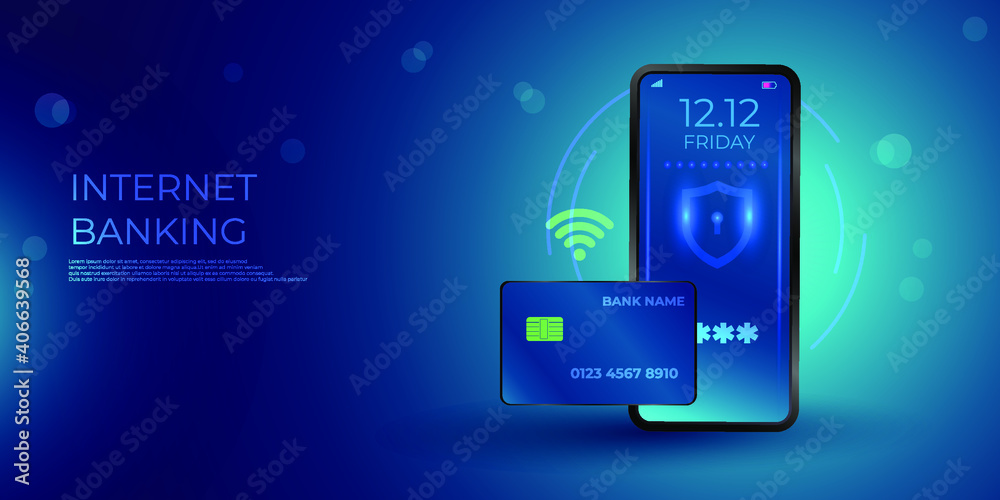 Concepts mobile payments  personal data protection. Header for website with smartphone and Bank card on blue background