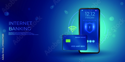 Concepts mobile payments  personal data protection. Header for website with smartphone and Bank card on blue background