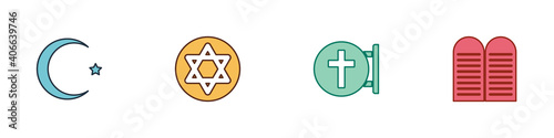 Set Star and crescent, of David, Christian cross and The commandments icon. Vector.