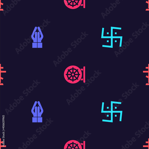Set Hindu swastika, Hands praying position, Dharma wheel and Christian cross on seamless pattern. Vector.