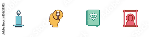 Set Burning candle, Cross ankh, Jewish torah book and Christian icon icon. Vector.