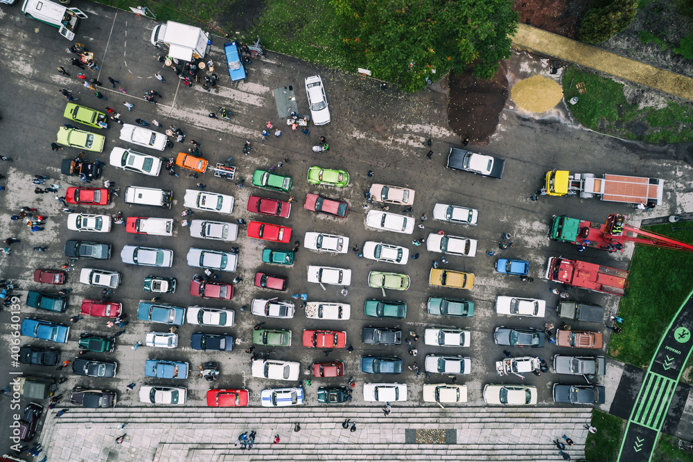 Rally of old cars, classic old colorfull cars in Poland aerial drone photo