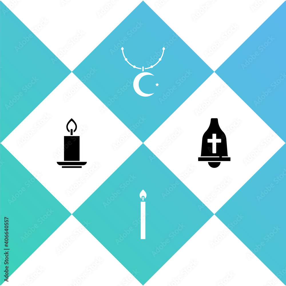 Set Burning candle, , Star crescent on chain and Church bell icon. Vector. Set Burning candle, , Star crescent on chain and Church bell icon. Vector.