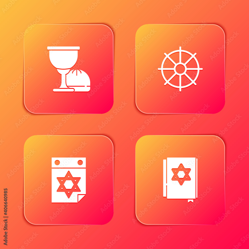 Set Holy grail or chalice, Dharma wheel, Jewish calendar and torah book icon. Vector. Set Holy grail or chalice, Dharma wheel, Jewish calendar and torah book icon. Vector.