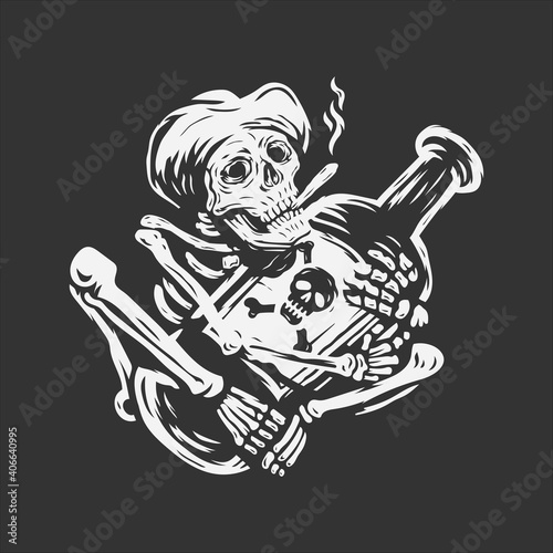 skull wearing hat and smoke cigarette holding a big bottle vector illustration.