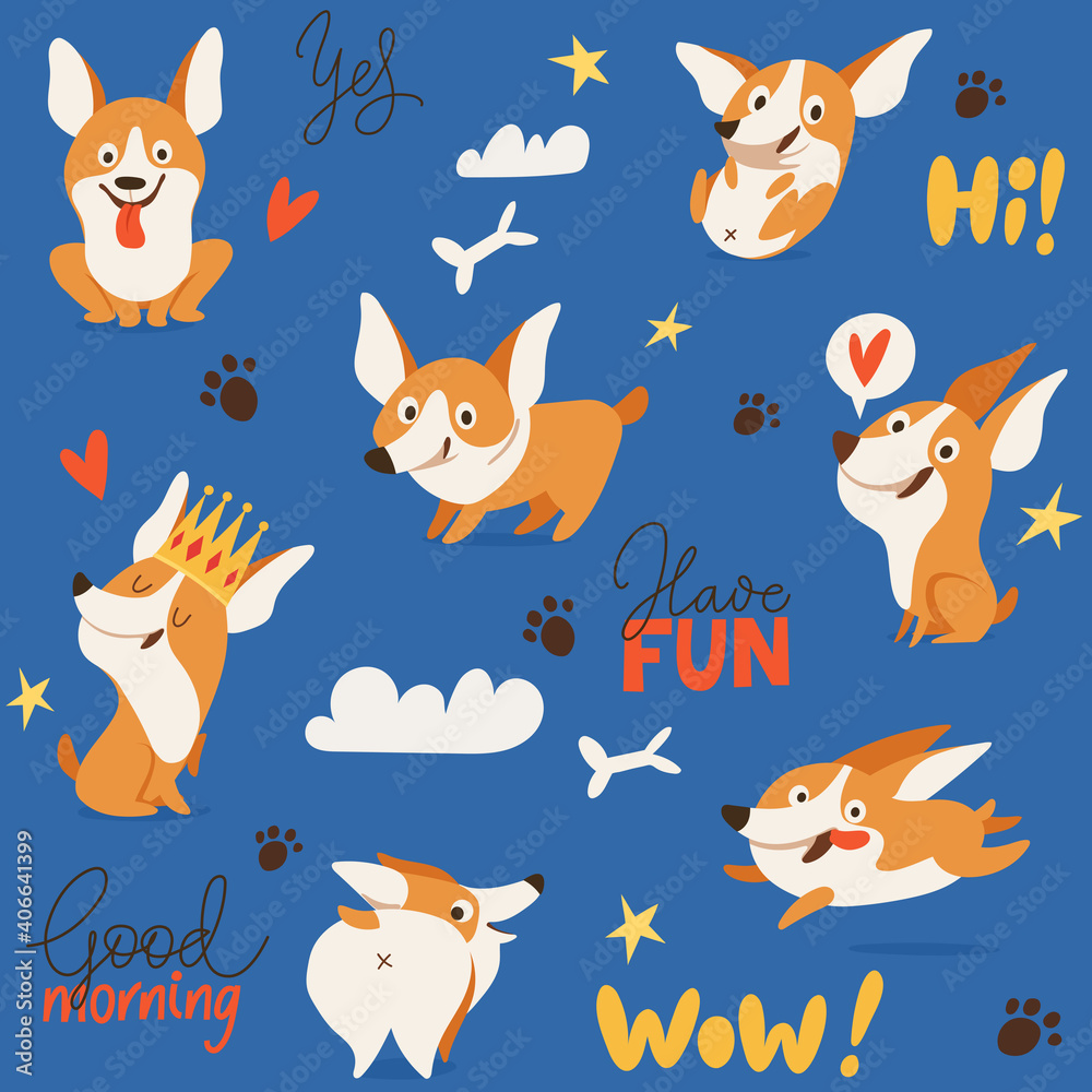 Seamless background with cute corgi dog images for textile or any prints