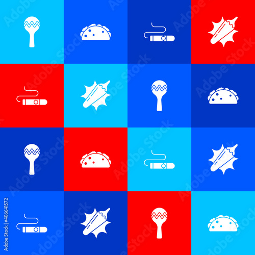 Set Maracas, Taco with tortilla, Cigar and Hot chili pepper pod icon. Vector.