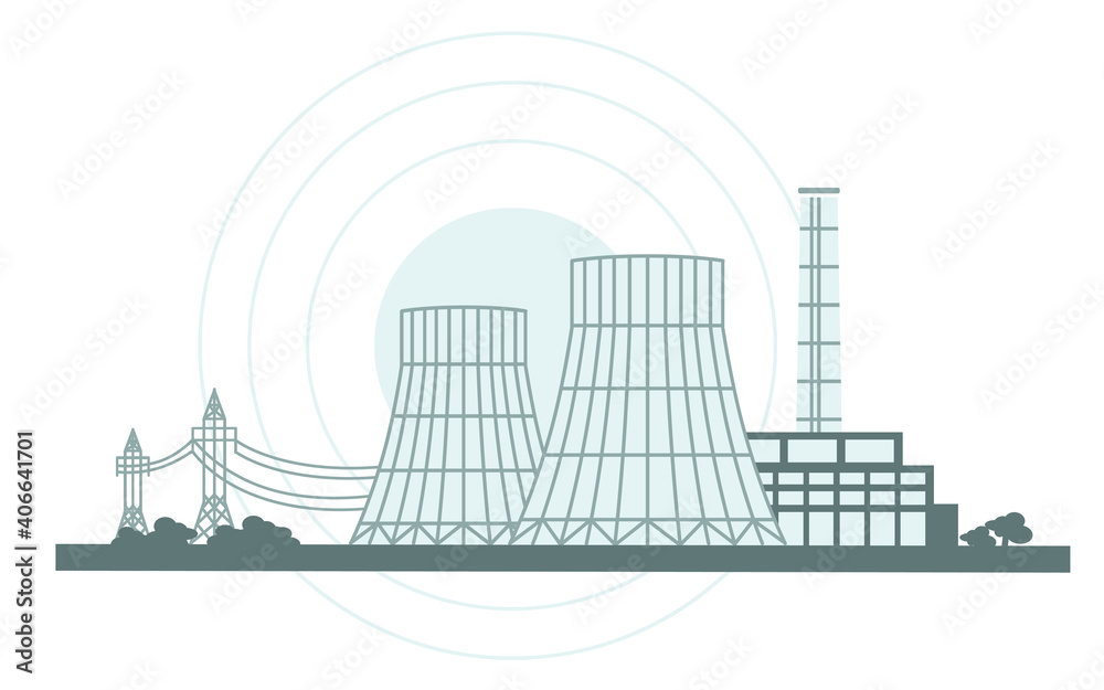 Obraz premium Cooling tower producing energy to generate electricity heating using steam. Thermal Power Station, Nuclear Plant, Nuclear Reactor and Power Lines, Vector Illustration, Banner
