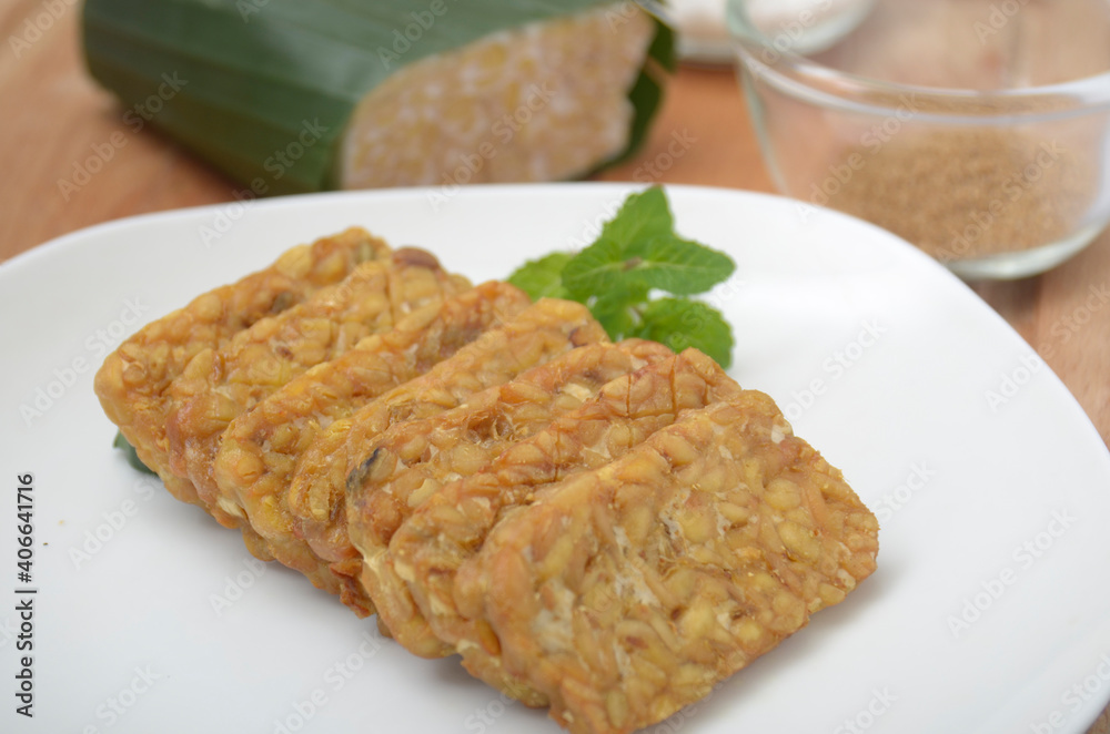 Fried tempeh, delicious and high nutrition, ingredient from soybean, Indonesian Food 