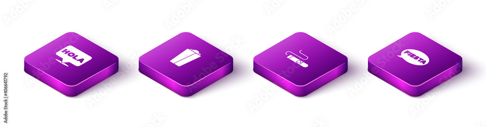 Set Isometric Hola, Burrito, Cigar and Fiesta icon. Vector.