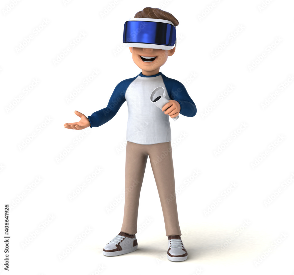 Fun 3D illustration of a cartoon kid with a VR helmet Fun 3D illustration of a cartoon kid with a VR helmet