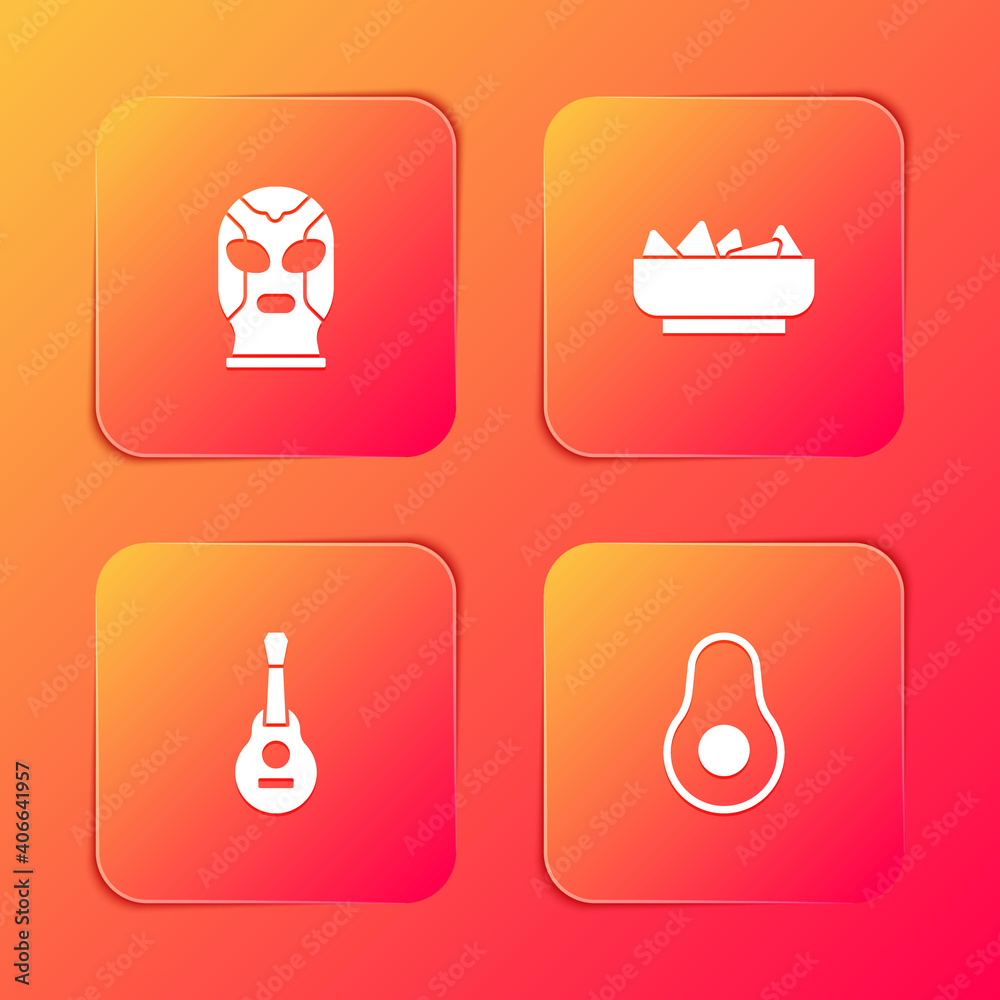 Set Mexican wrestler, Nachos in bowl, guitar and Avocado fruit icon. Vector. Set Mexican wrestler, Nachos in bowl, guitar and Avocado fruit icon. Vector.