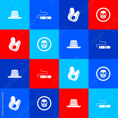 Set Mexican sombrero, Cigar, Avocado fruit and skull coin icon. Vector.