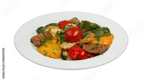 Ajab sandal. Salad with meat and grilled vegetables