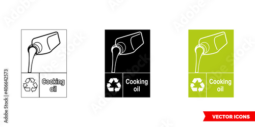 Cooking oil organic waste recycling sign icon of 3 types color, black and white, outline. Isolated vector sign symbol.