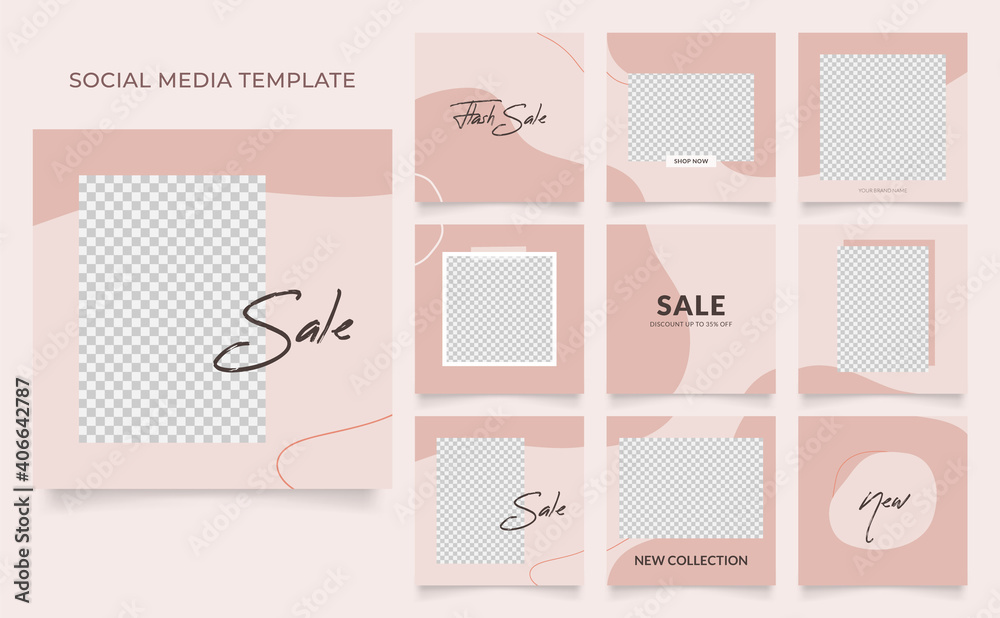 social media template banner blog fashion sale promotion. fully editable instagram and facebook square post frame puzzle organic sale poster. brown red white vector watercolor background - obrazy, fototapety, plakaty 