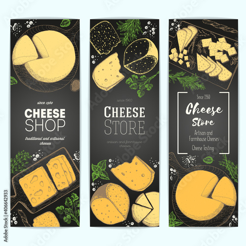 Cheese top view, vertical banners collection. Food menu design with colorful cheese. Vintage hand drawn sketch vector illustration.