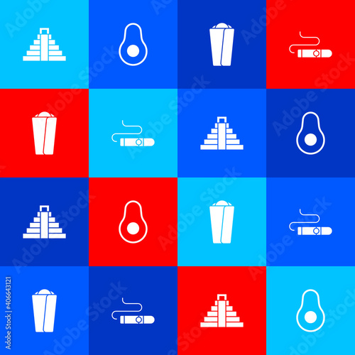 Set Chichen Itza in Mayan, Avocado fruit, Burrito and Cigar icon. Vector.