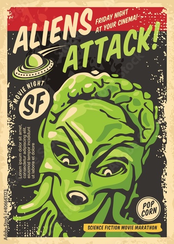 Aliens attack retro poster concept for science fiction movie festival. Vintage sign with creature from outer space and UFO spaceship. Cinema event vector flyer template.