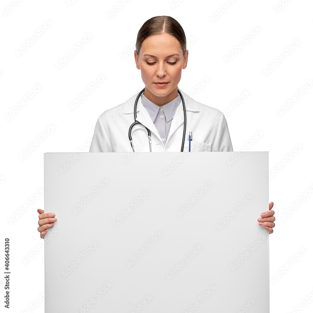 medicine, profession and healthcare concept - female doctor holding white board medicine, profession and healthcare concept - female doctor holding white board
