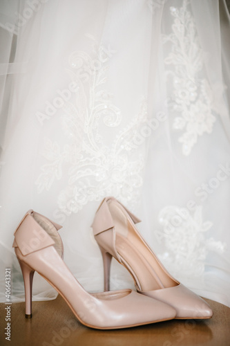 Women's shoes on dress background. Bride accessories.