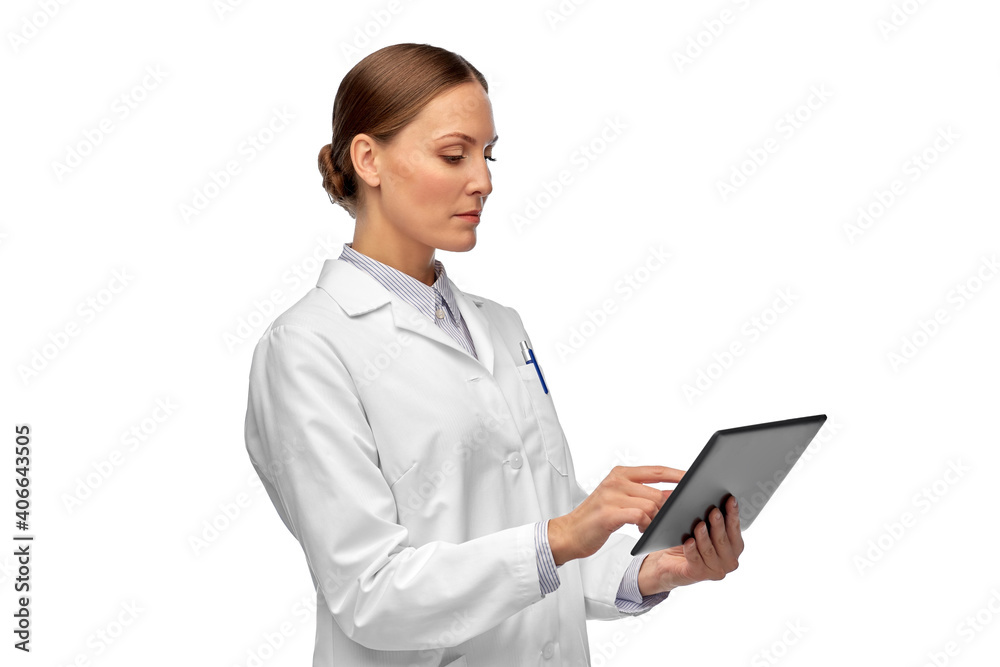 medicine, profession and healthcare concept - female doctor or scientist in white coat with tablet pc computer medicine, profession and healthcare concept - female doctor or scientist in white coat with tablet pc computer