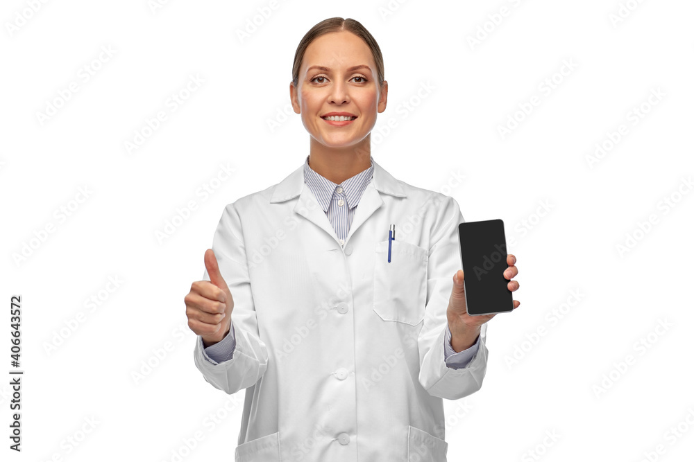 medicine, profession and healthcare concept - happy smiling female doctor or scientist showing smartphone and thumbs up over white background medicine, profession and healthcare concept - happy smiling female doctor or scientist showing smartphone and thumbs up over white background