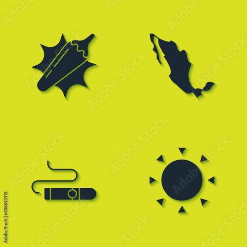 Set Hot chili pepper pod, Sun, Cigar and Map of mexican icon. Vector.