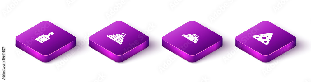 Set Isometric Tequila bottle, Chichen Itza in Mayan, Volcano eruption with lava and Nachos icon. Vector. Set Isometric Tequila bottle, Chichen Itza in Mayan, Volcano eruption with lava and Nachos icon. Vector.