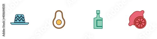 Set Mexican sombrero, Avocado fruit, Tequila bottle and Lemon icon. Vector.