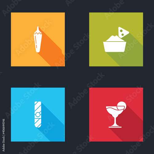 Set Hot chili pepper pod, Nachos in bowl, Cigar and Margarita cocktail icon. Vector.