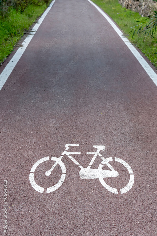Obraz premium Cycle path with road signs in the woods.