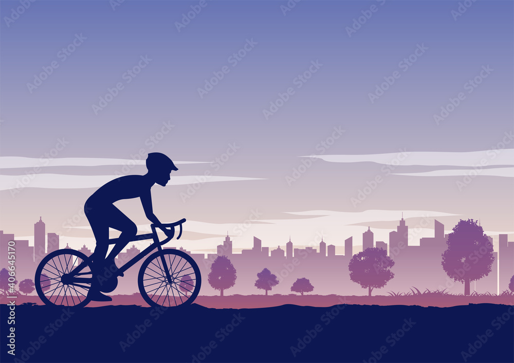 Fototapeta premium Silhouette of activities of people exercising with bike pass the park